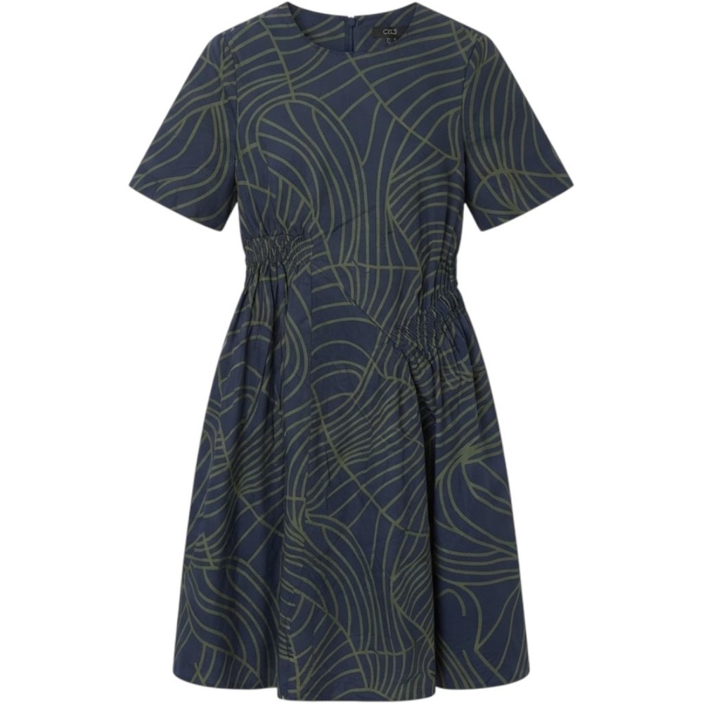 COS Size S Navy Blue Olive Green Abstract Geometric Print Smocked Waist Dress
